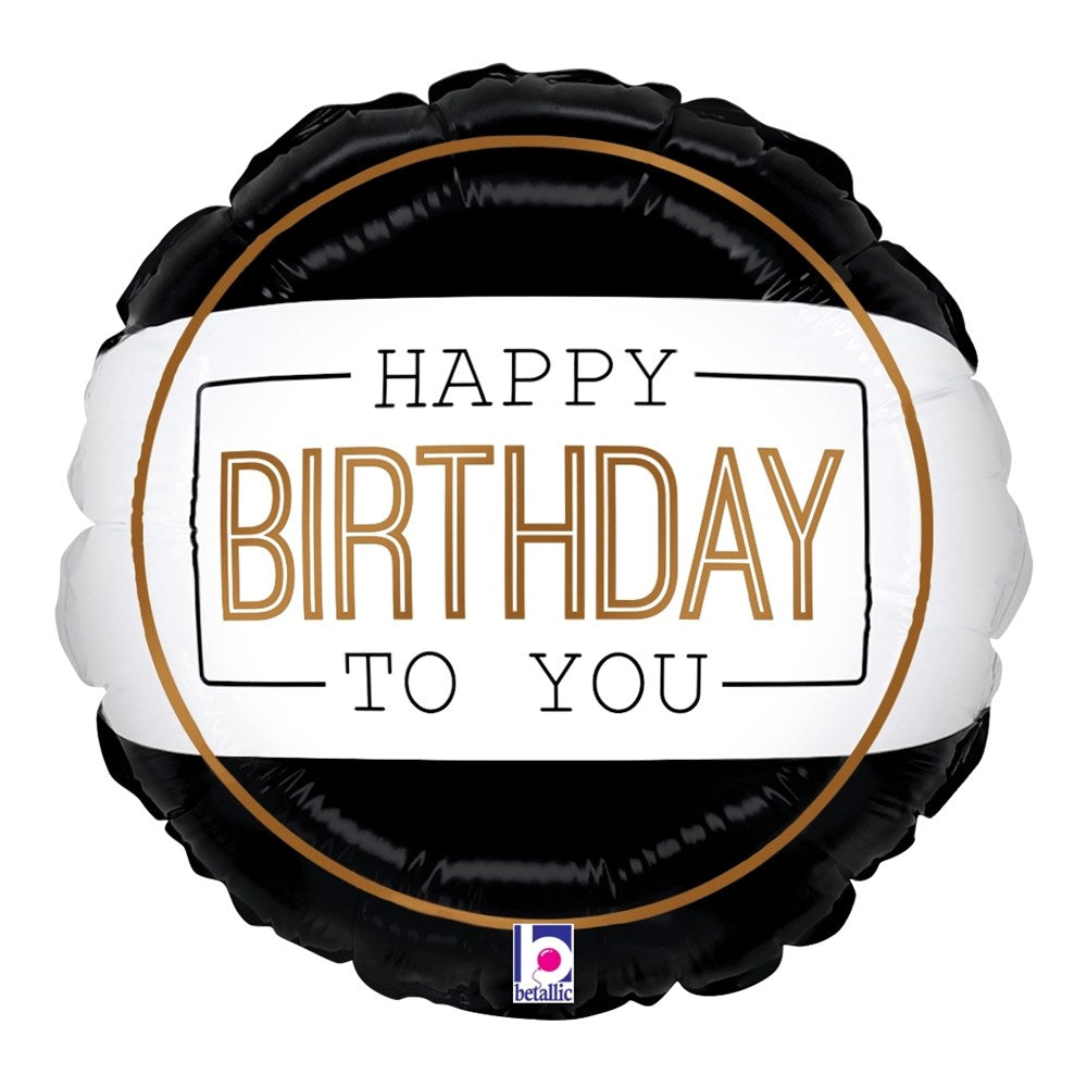 9-inch round black foil balloon with white center and gold-bordered "Happy Birthday to You" text.