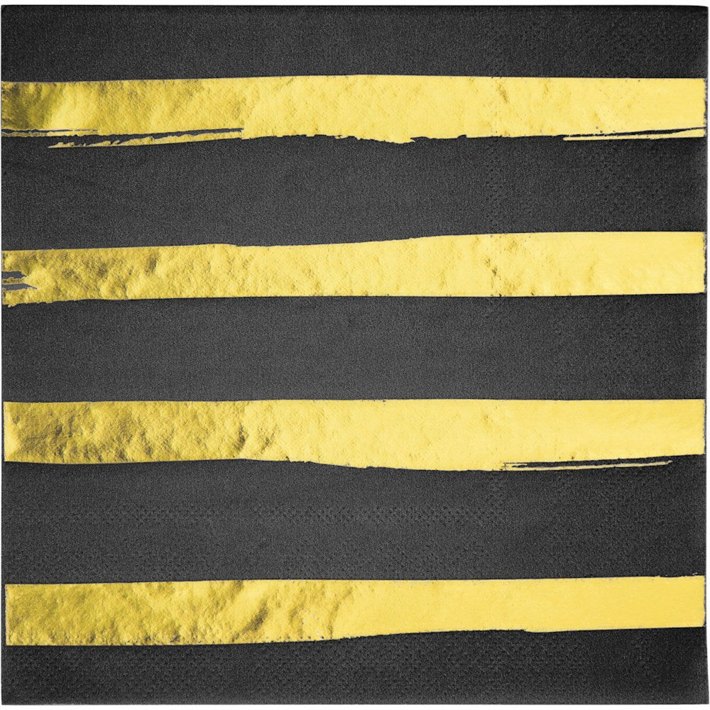 Black velvet luncheon napkin with horizontal gold foil stripes, 3-ply textured paper, 16 count pack.