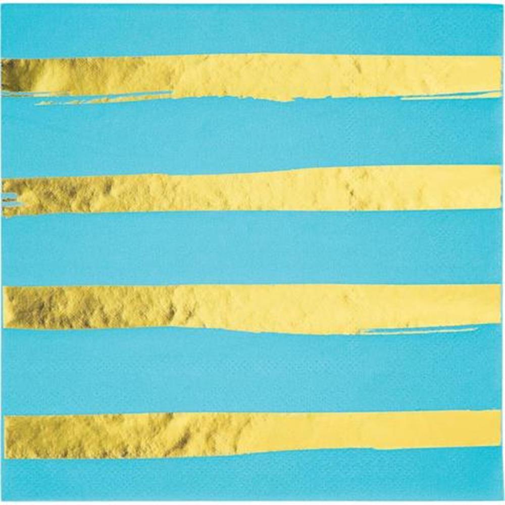 Stack of large turquoise blue napkins with horizontal metallic gold stripes across surface.