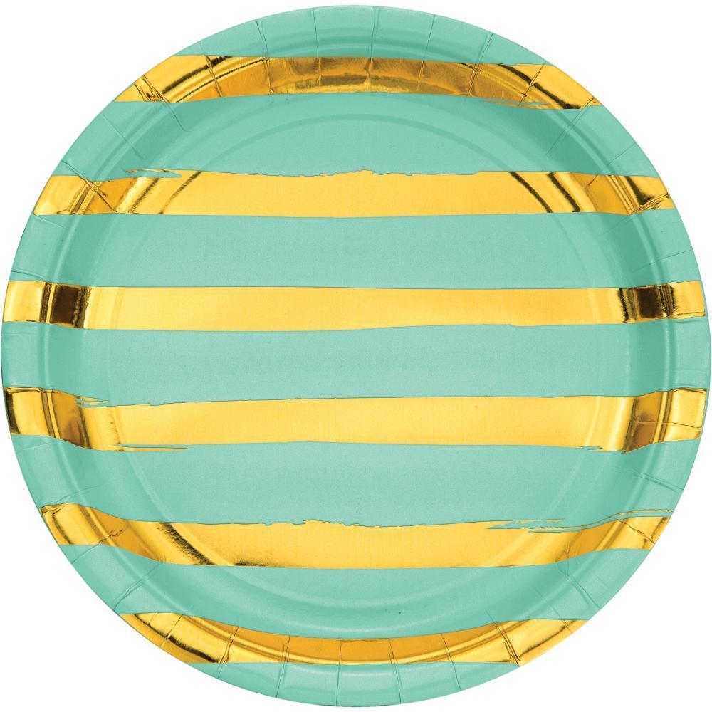 Round foil plate with alternating mint green and shiny gold horizontal stripes.