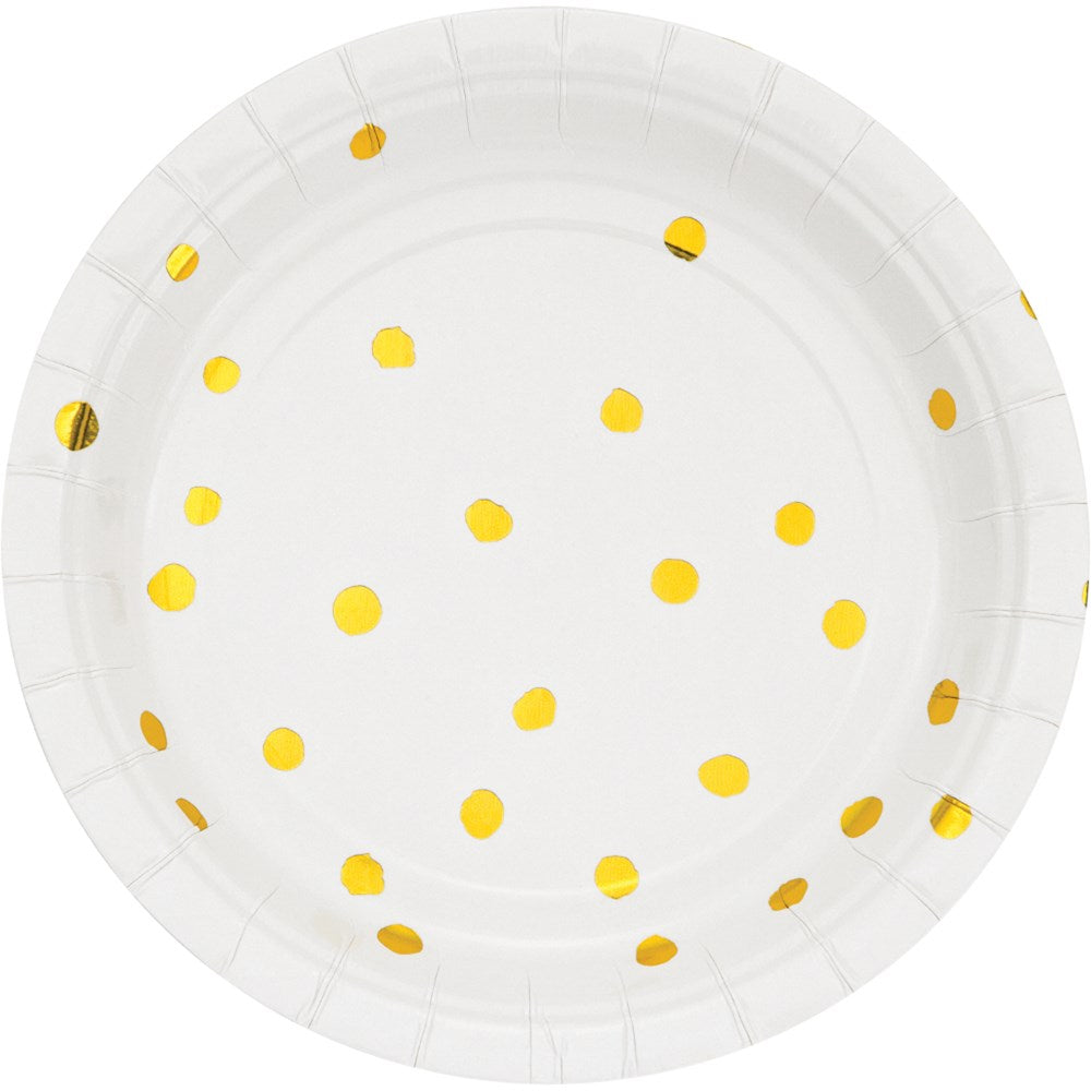 White round paper plate with shiny gold foil polka dots and slightly scalloped edges.