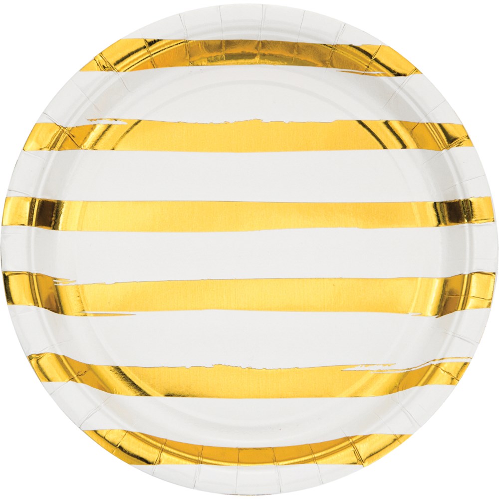 Round white dinner plate with wide horizontal gold foil stripes.