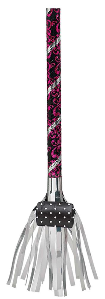 Black and pink blowout fringe party whistle with silver tinsel strands and star pattern handle.