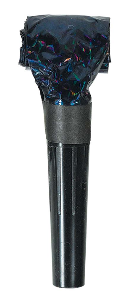 Black party blowout noisemaker with shiny black foil top and black plastic mouthpiece.