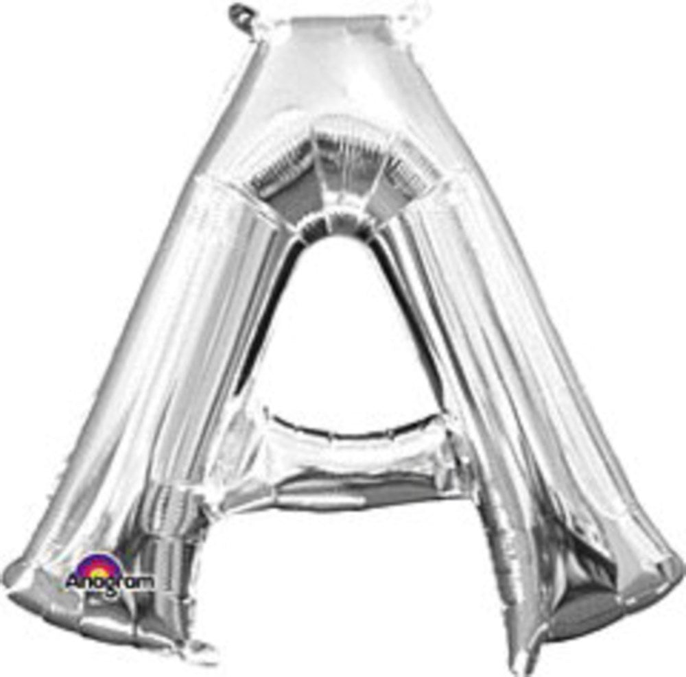 Silver foil balloon shaped as the letter A, 16 inches tall with a shiny metallic finish.