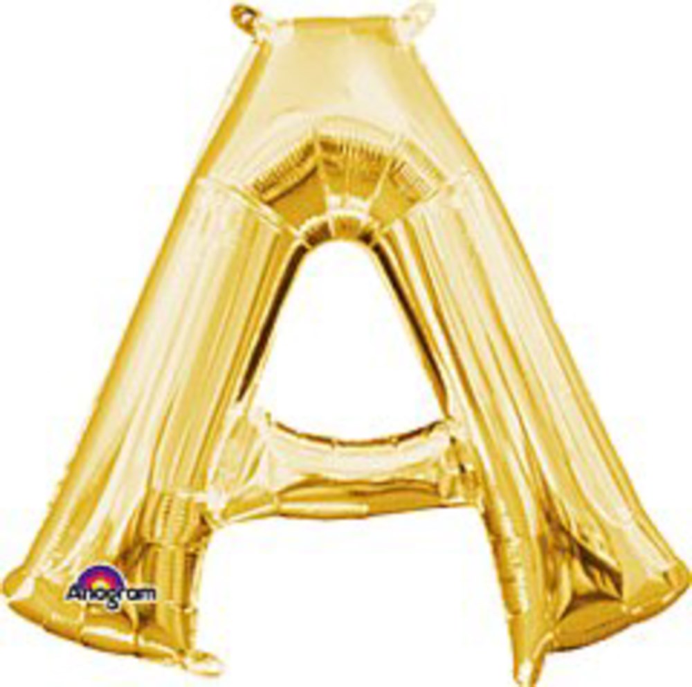 Shiny gold foil balloon shaped like the letter A, 16 inches tall, with a reflective surface.