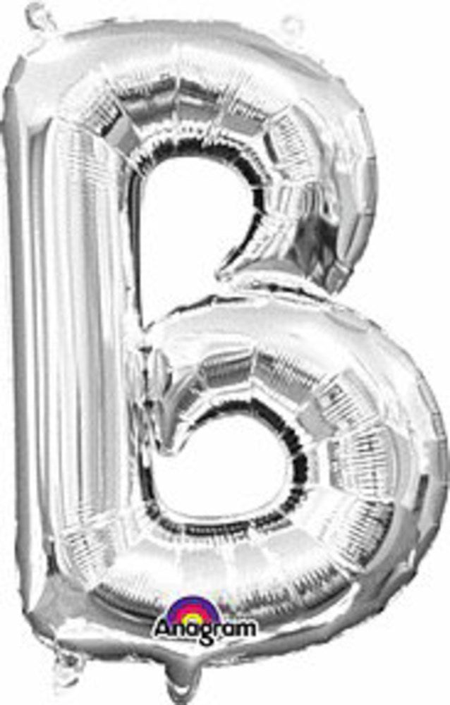 Silver foil balloon shaped as the letter B, shiny and reflective, 16 inches tall.