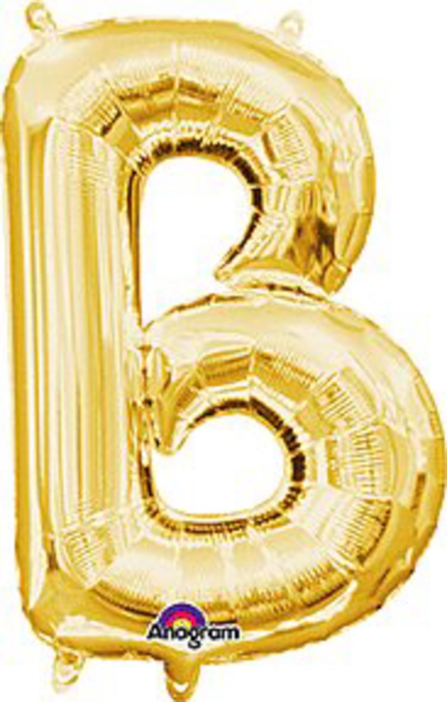 Gold foil balloon shaped as the letter B, 16 inches tall with a shiny metallic finish.
