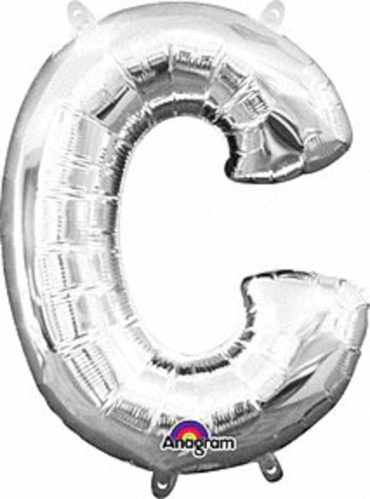 Silver foil balloon shaped as the letter C, 16 inches tall with hanging tabs.