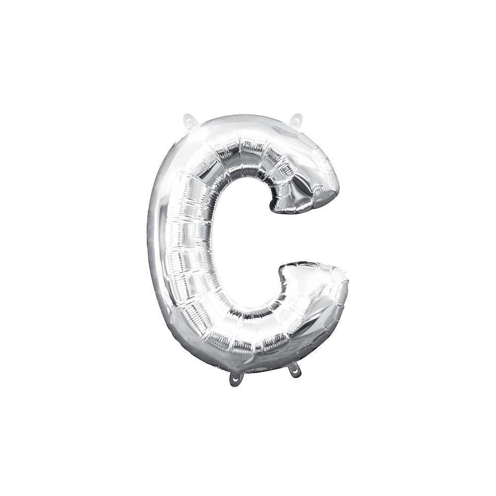 Silver foil balloon shaped as the letter C, 16 inches tall with a shiny metallic finish.
