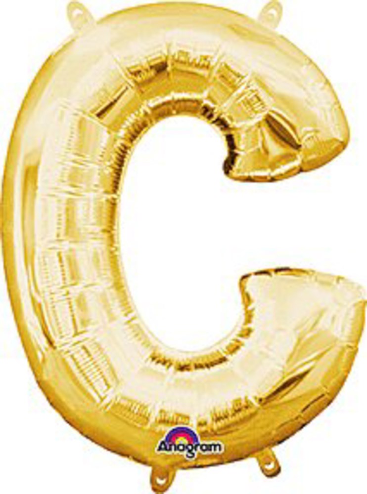 Gold foil balloon shaped as the letter C, shiny and reflective with two small tabs for hanging.