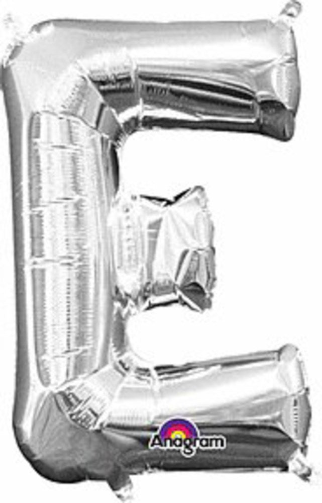 Silver foil balloon shaped as the letter E, 16 inches tall with a shiny metallic finish.