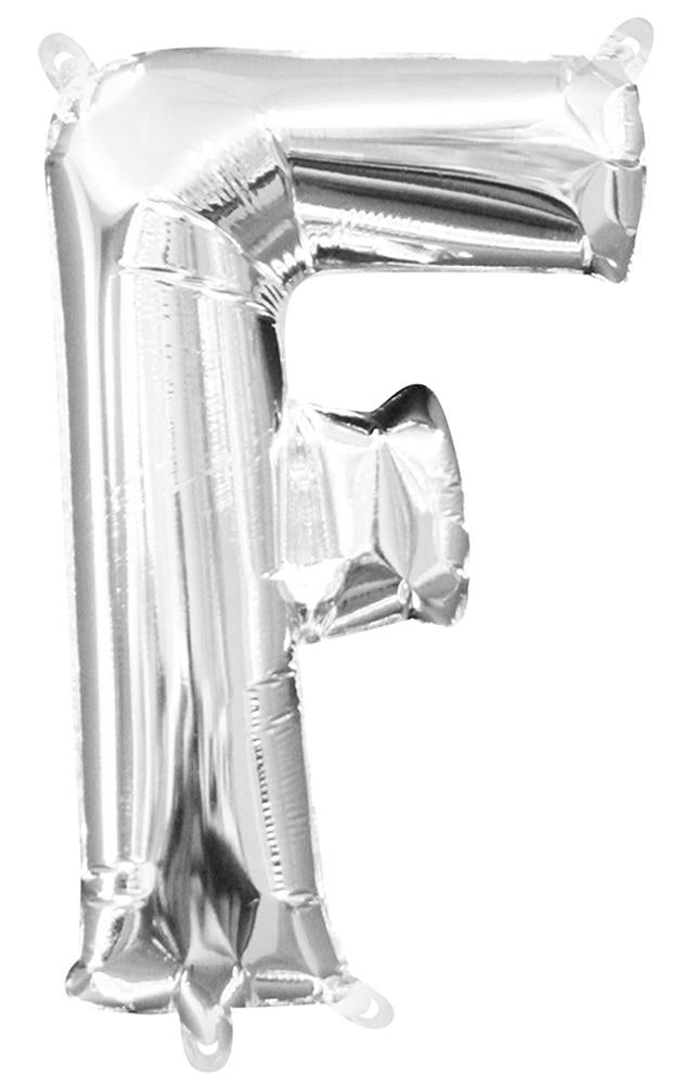 Silver foil balloon shaped like the letter F, 16 inches tall, shiny surface.