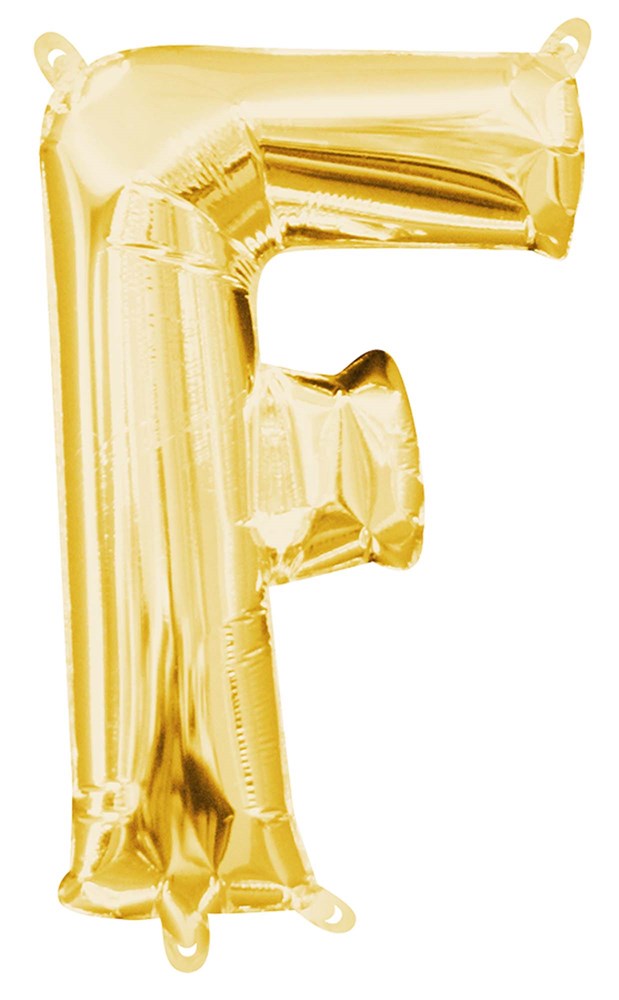 14-inch gold metallic foil balloon shaped like the letter F with hanging tabs.