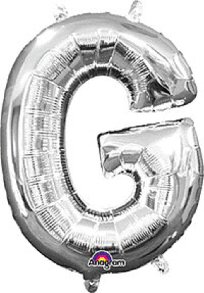 Silver foil 16-inch balloon shaped like the letter G with shiny reflective surface.