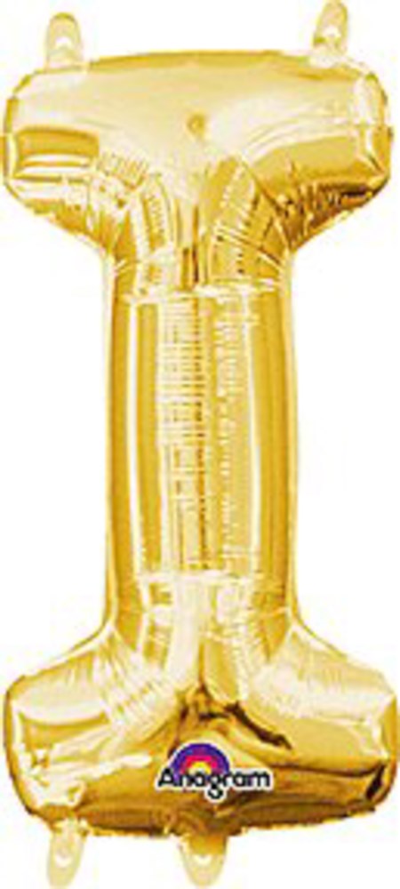 Gold foil balloon shaped like the uppercase letter I with a shiny metallic finish.