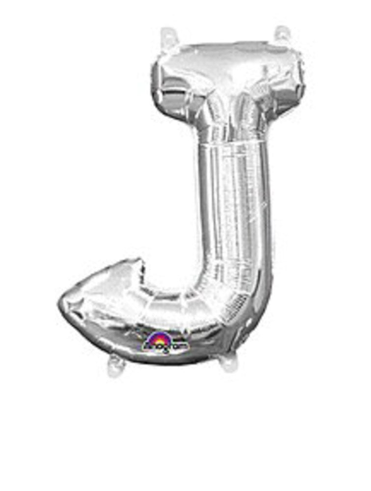 Silver foil balloon shaped as the letter J, 16 inches tall, shiny surface with small loops for hanging.