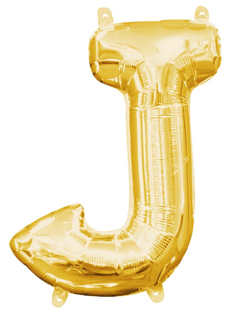 14-inch gold foil balloon shaped like the letter J with glossy finish and inflation tabs.