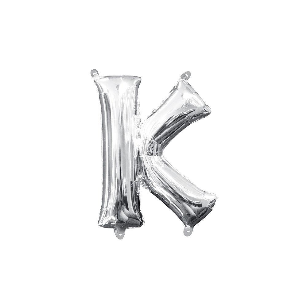 Silver foil balloon shaped like the letter K, 16 inches tall, shiny and reflective surface.
