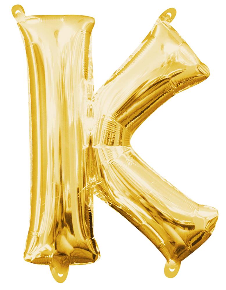 14-inch metallic gold balloon shaped as the letter K with glossy surface and hanging tabs.