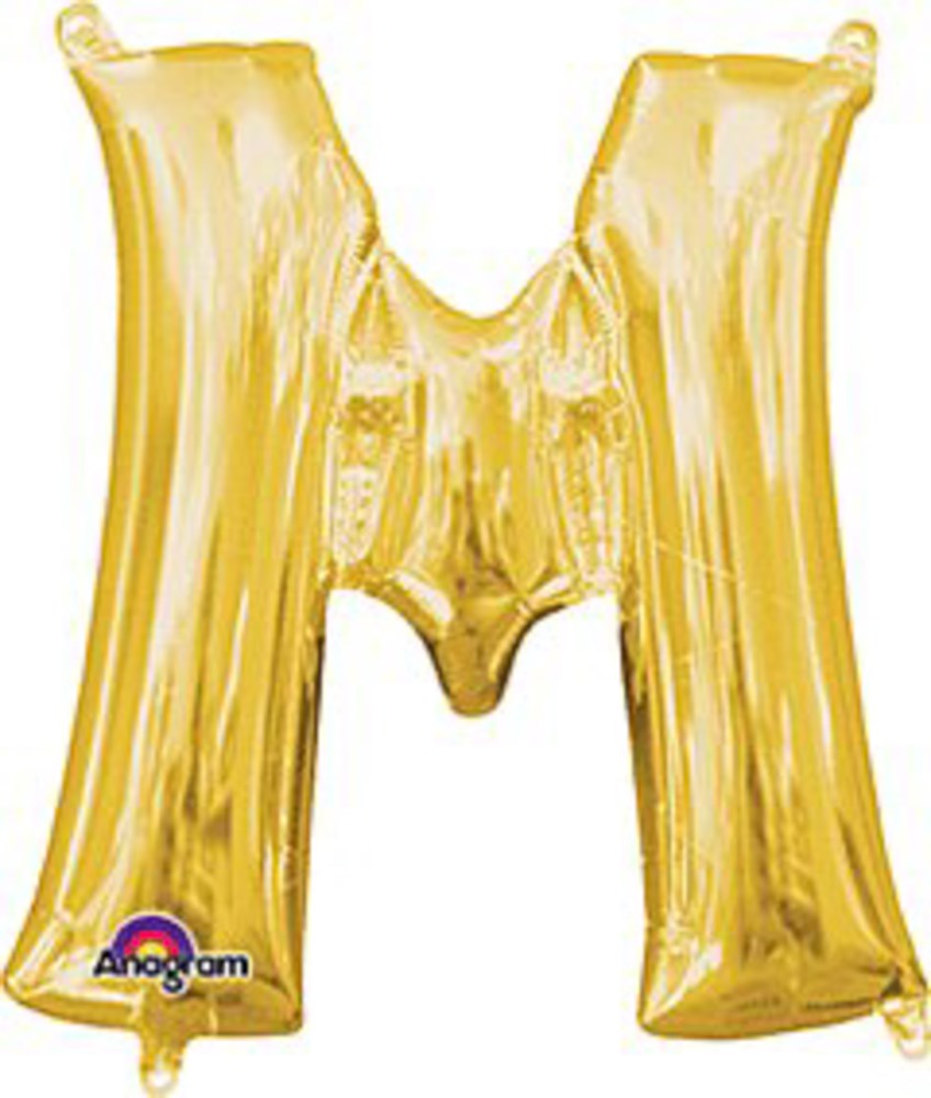 Gold foil balloon shaped as the letter M, 16 inches tall with shiny metallic finish.