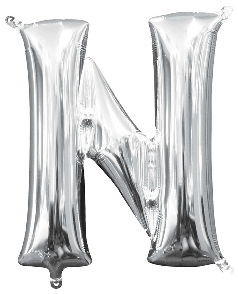 Silver foil balloon shaped as the letter N, 16 inches tall with a shiny metallic finish.