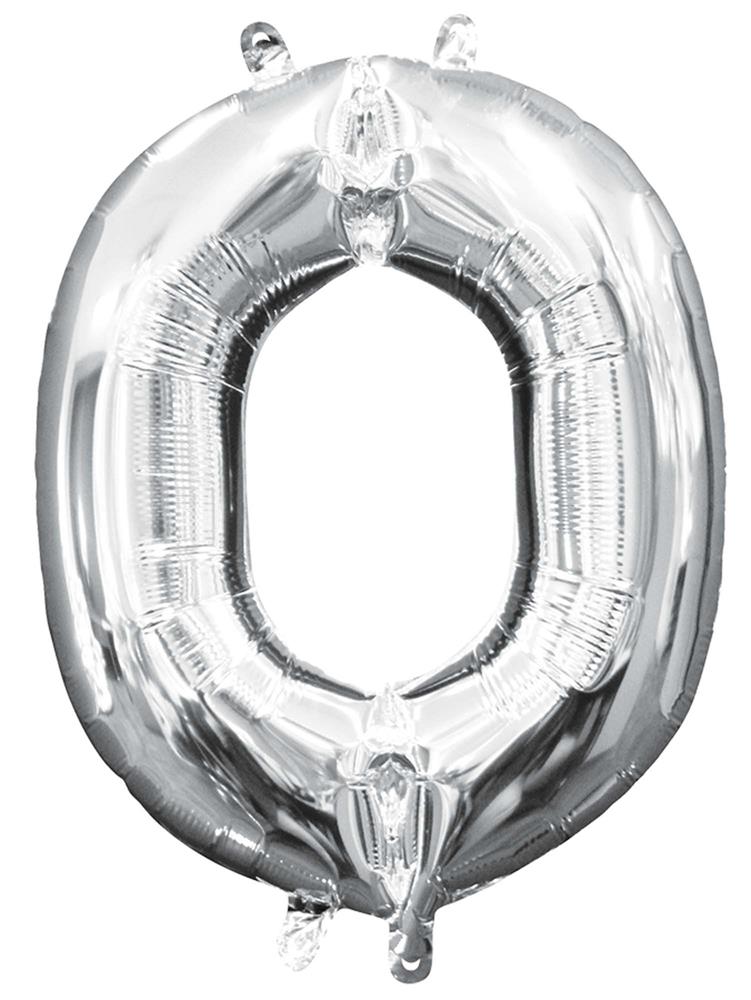 Silver metallic foil balloon shaped like the letter O, 16 inches tall, inflated and shiny.