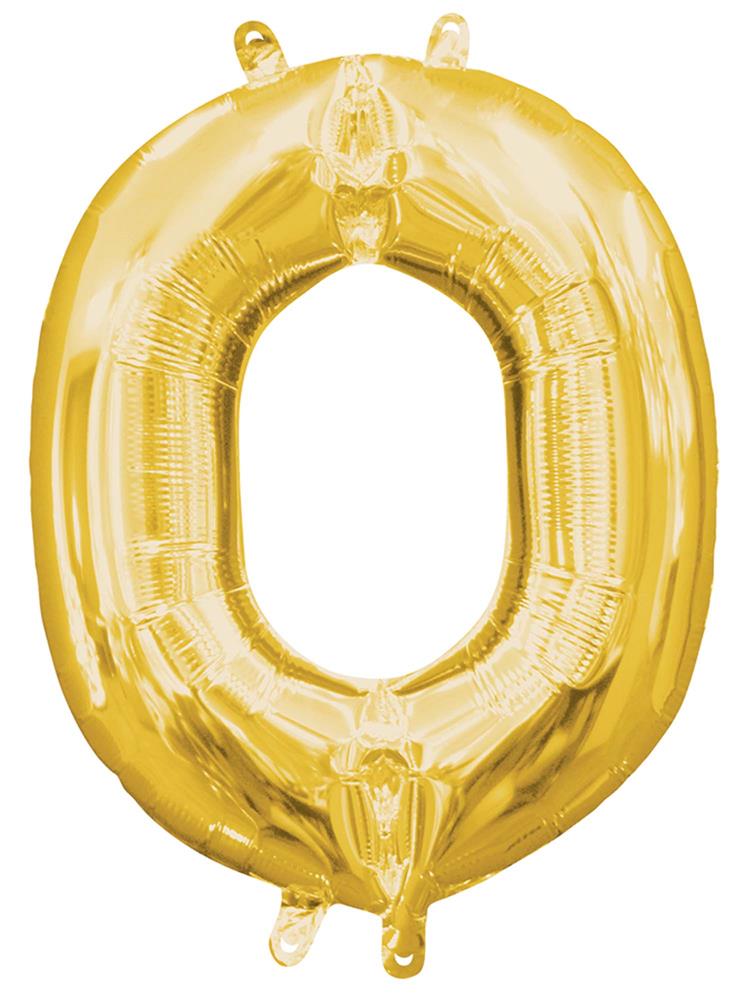 Gold foil balloon shaped as the letter O, 14 inches tall, shiny surface.