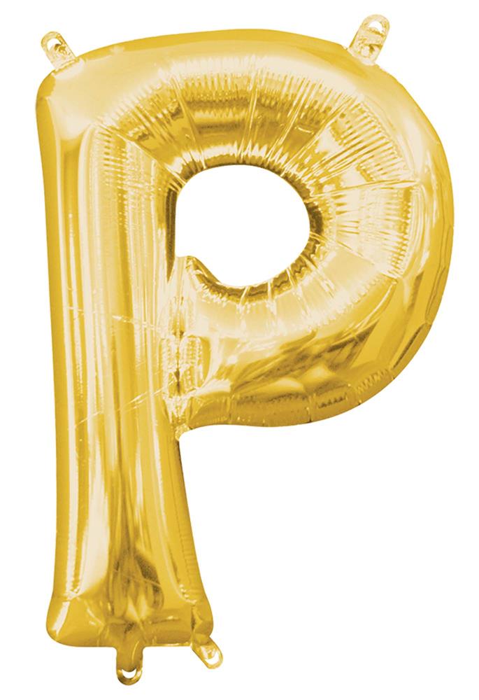 Gold metallic foil balloon in the shape of the letter P, 14 inches tall with two hanging tabs.