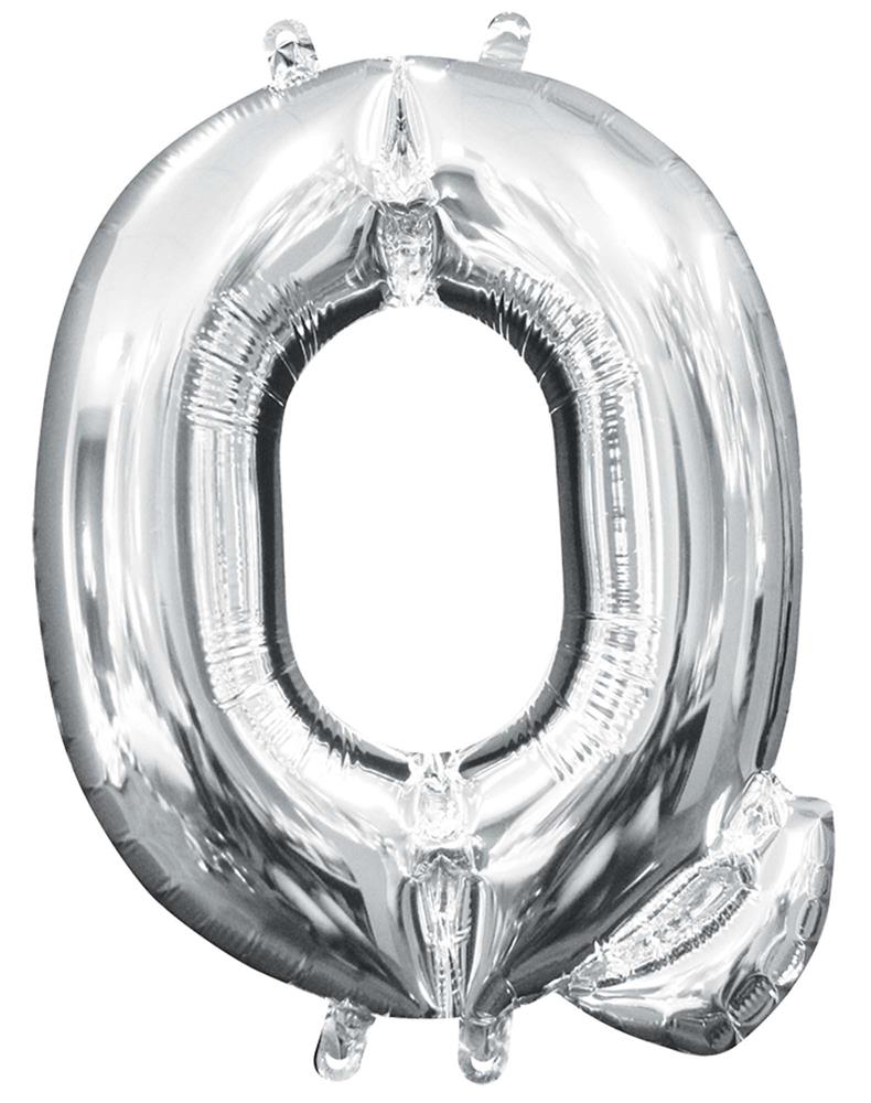Silver metallic foil balloon shaped like the letter Q, 14 inches tall, inflated with visible seams and tabs.