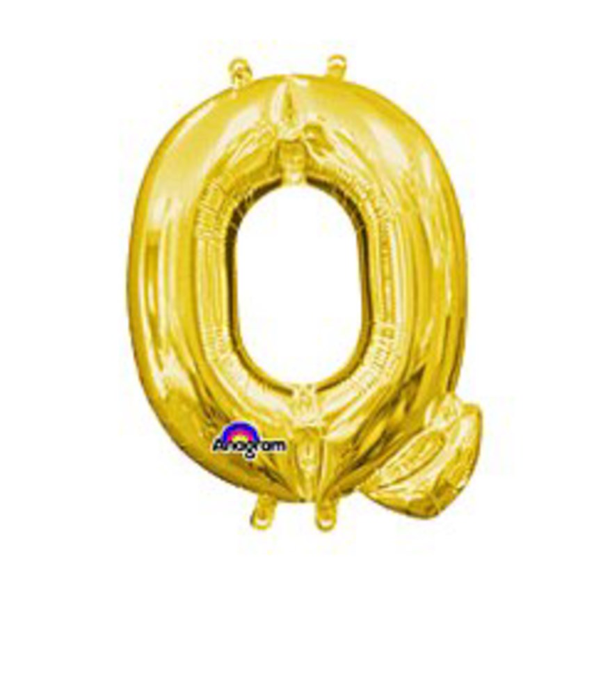 Gold foil balloon shaped as the letter Q, shiny metallic finish, 16 inches tall.