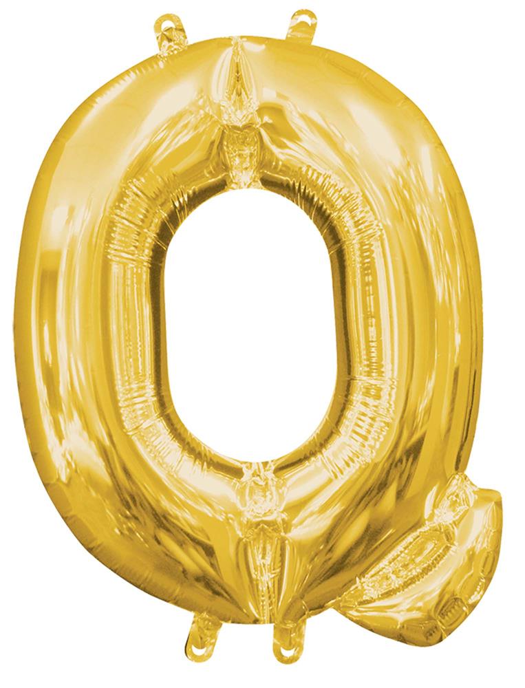 Gold foil balloon shaped like the letter Q, shiny metallic finish, 14 inches tall.