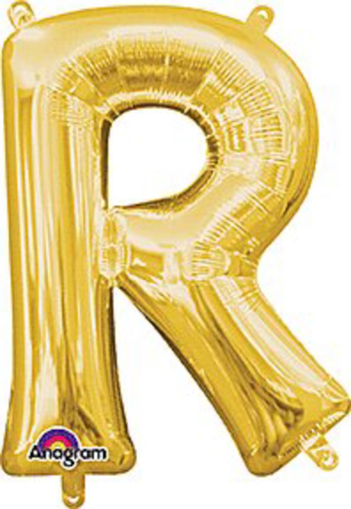 Gold foil balloon shaped as the letter R, 16 inches tall with hanging tabs.