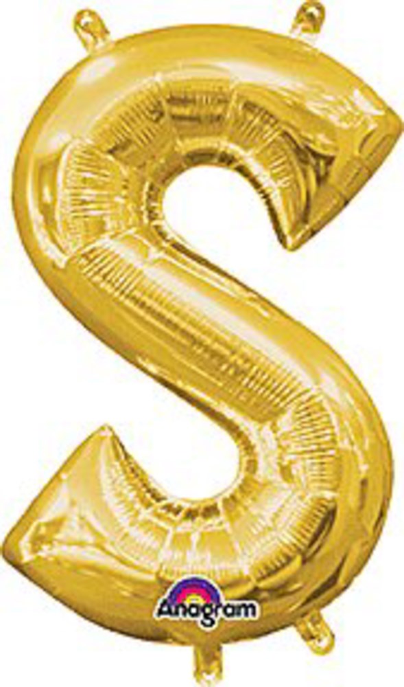 Shiny gold foil balloon shaped like the letter S, 16 inches tall with reflective surface.