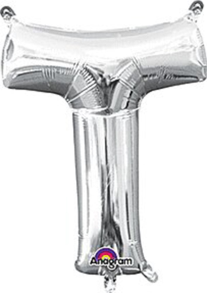 Silver foil balloon shaped as the letter T with a shiny metallic finish.