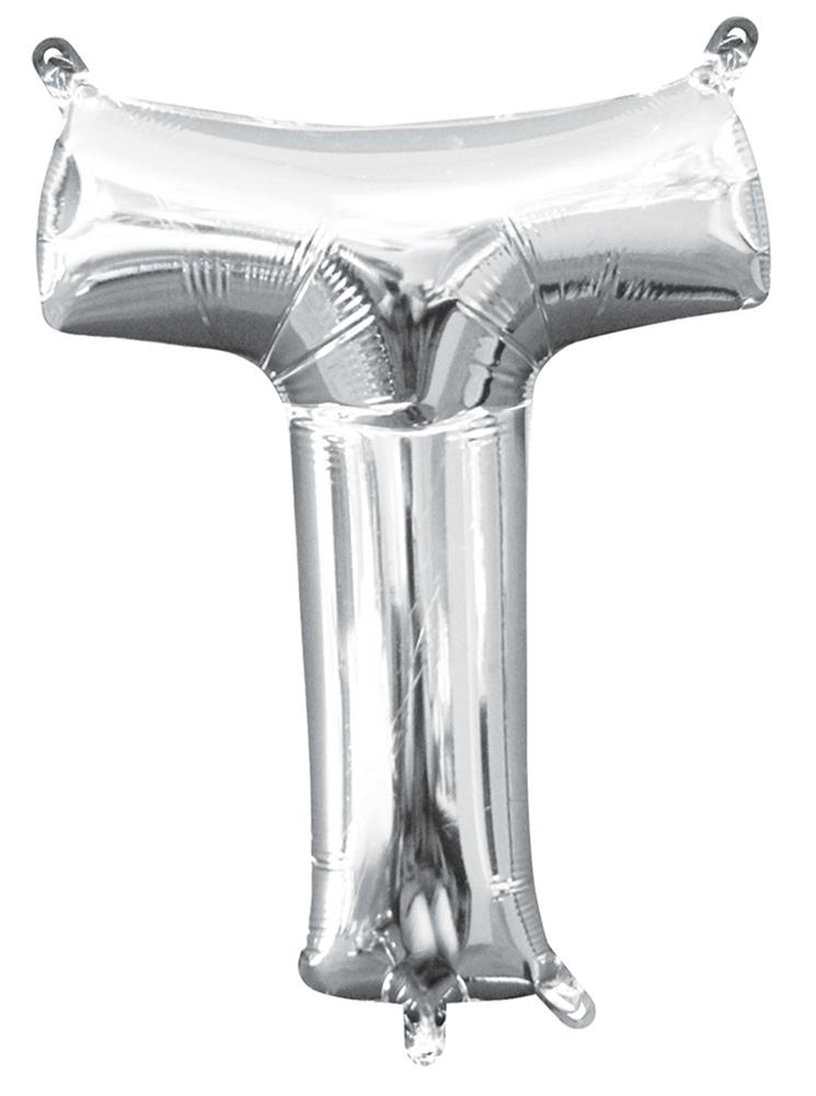 Silver foil balloon shaped like the letter T, 16 inches tall, shiny metallic finish.