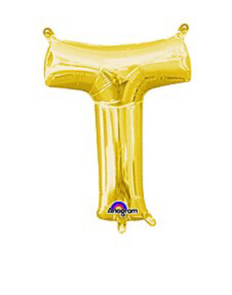 Gold foil balloon shaped like the letter T, 16 inches tall, shiny metallic finish.