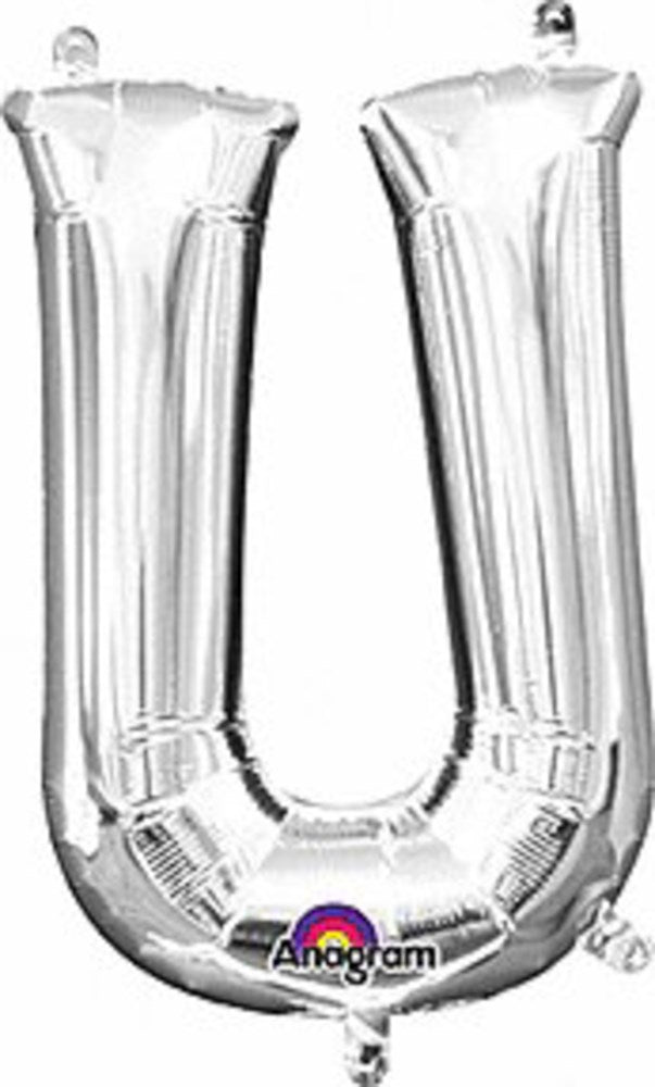 Silver foil balloon shaped like the letter U, 16 inches tall with a glossy finish.