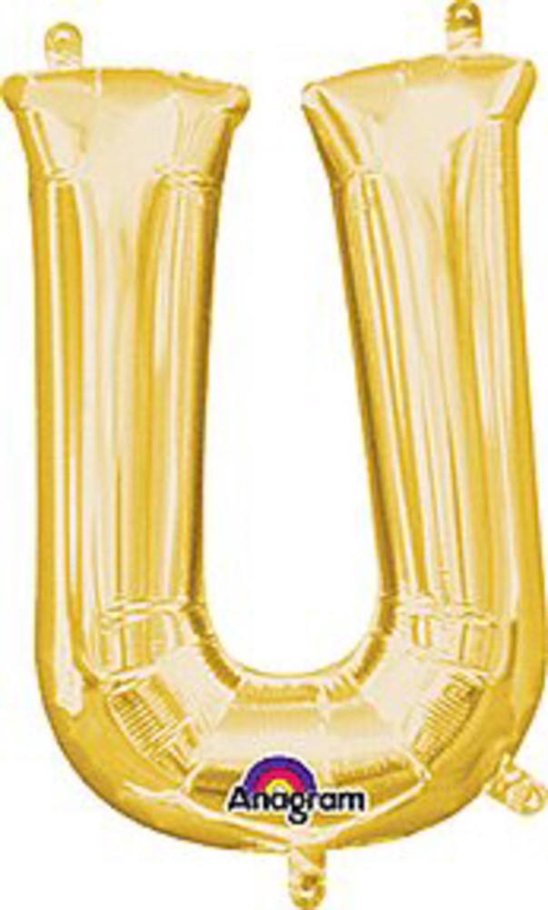 Gold foil balloon shaped as the letter U with glossy finish and hanging tabs.