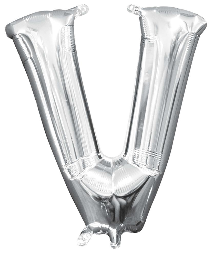 Silver metallic foil balloon shaped as the letter V, air-filled, 16 inches tall.