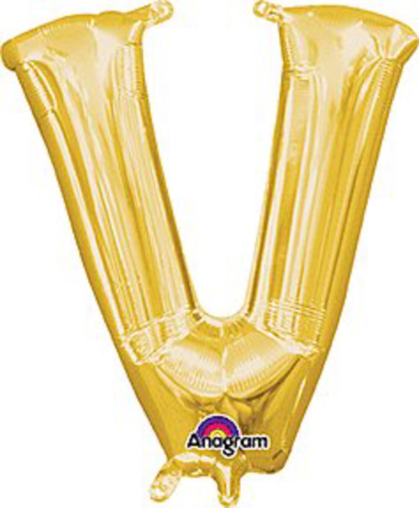 Gold foil balloon shaped as the letter V, shiny and inflated, 16 inches tall.