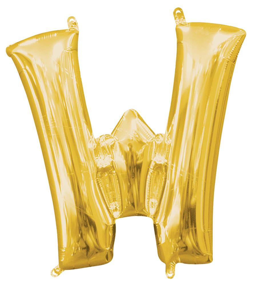 Gold metallic foil balloon shaped as the letter W, inflated and shiny with sealed edges.