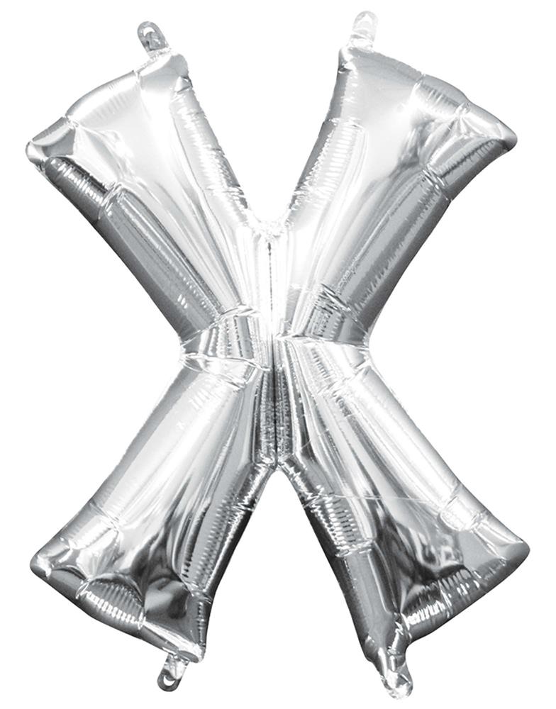 Silver metallic foil balloon shaped as the letter X, 16 inches tall, shiny surface.