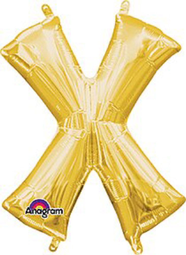 Gold foil balloon shaped as the letter X with a shiny metallic finish and sealed edges.
