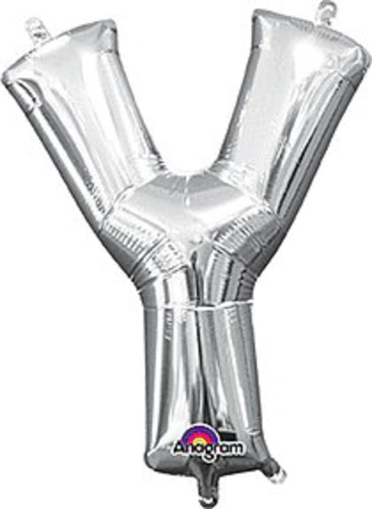 Silver foil balloon shaped as the letter Y, 16 inches tall with a shiny metallic finish.