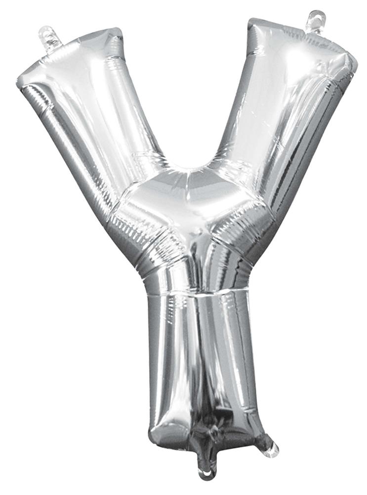 Silver metallic foil balloon shaped like the letter Y, 14 inches tall with two hanging tabs.