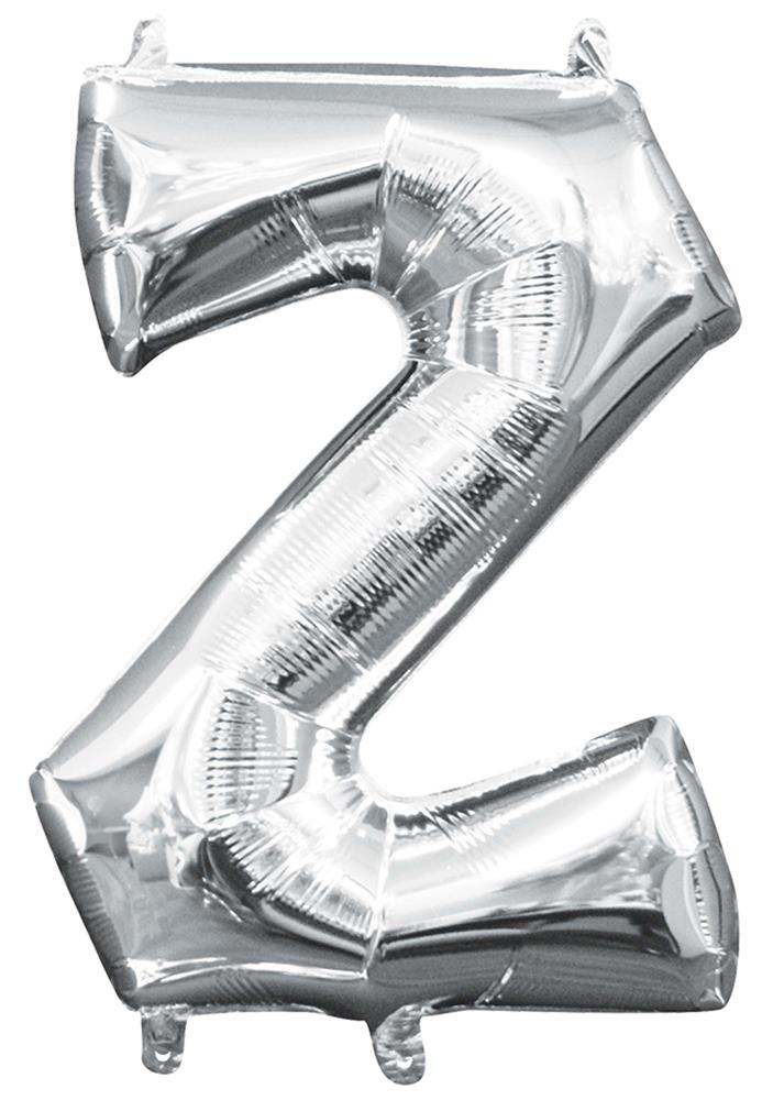 Silver metallic foil balloon shaped as the letter Z, 16 inches tall, air-filled.