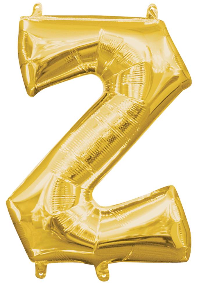 Gold foil balloon shaped like the letter Z, shiny surface, 14-inch size.