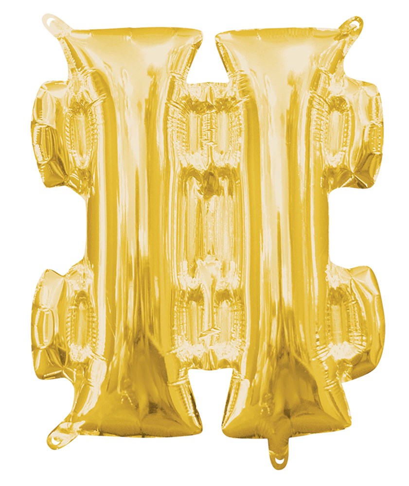 Gold foil balloon shaped like the hashtag symbol with reflective metallic finish.