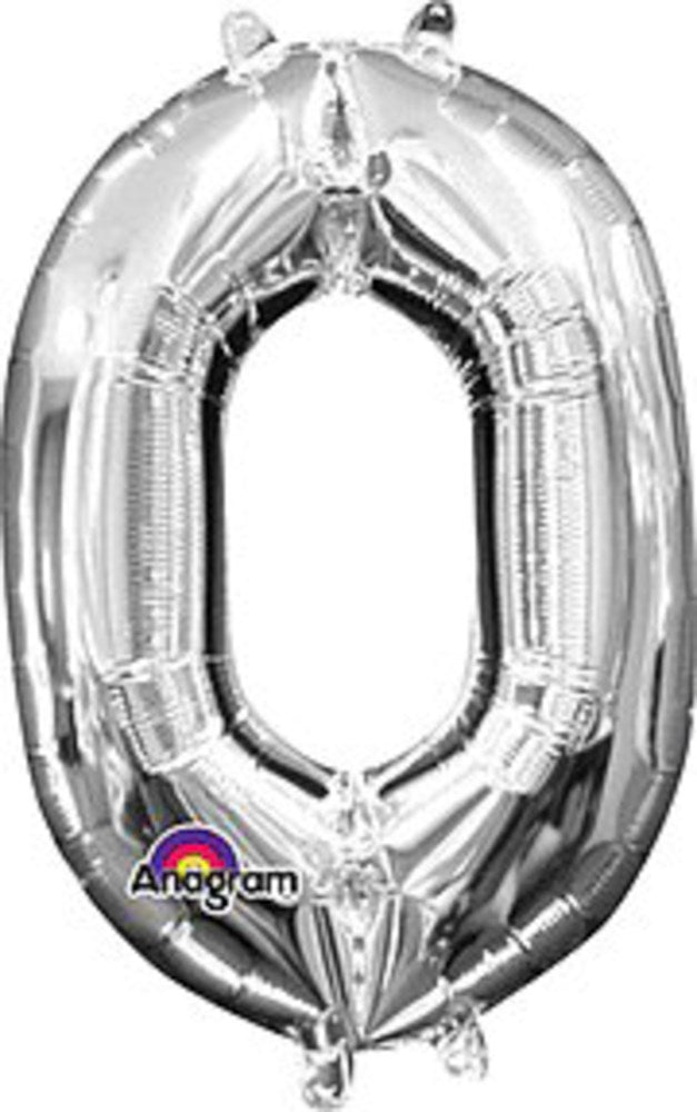 16-inch silver foil balloon shaped as the number zero with shiny metallic finish.